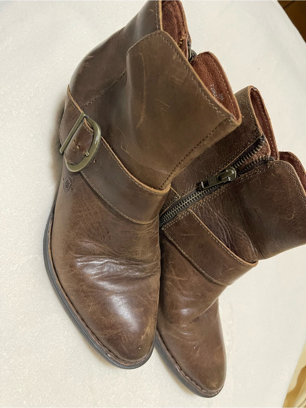 Born Brown Leather Ankle Booties with Side Zip and Buckle - Picture 2 of 9
